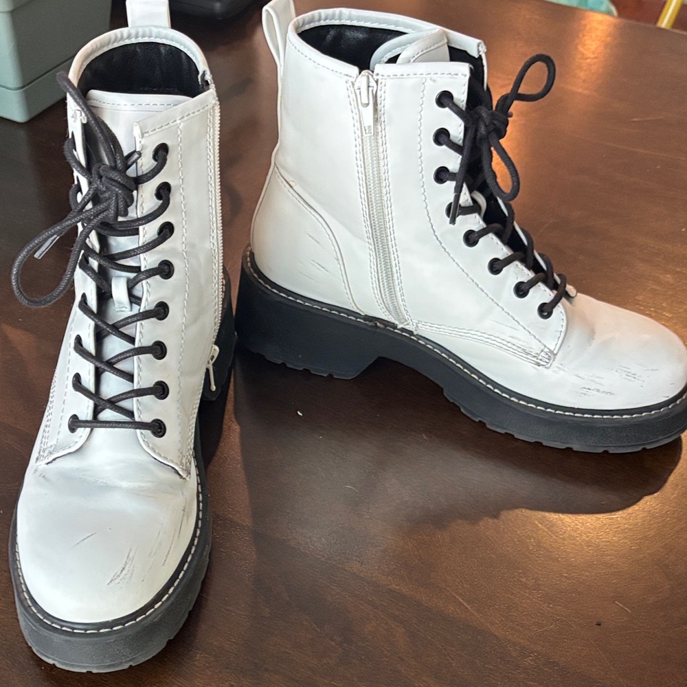 White Lace-Up Combat Boots with Side Zip - Women's